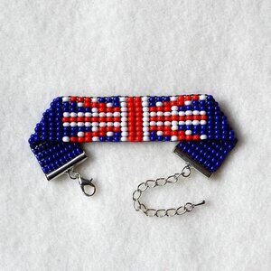 UK British Union Jack flag bead bracelet, handmade, adjustable length
